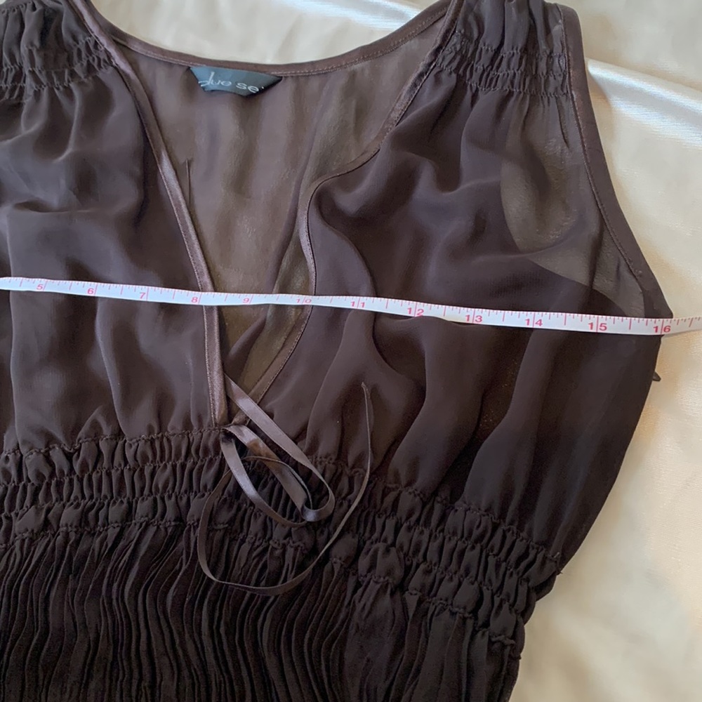 Chocolate Brown Sheer Midi V-Neck Dress | Mesh Pleated A-line Dress | Size S / M - Picture 10 of 11